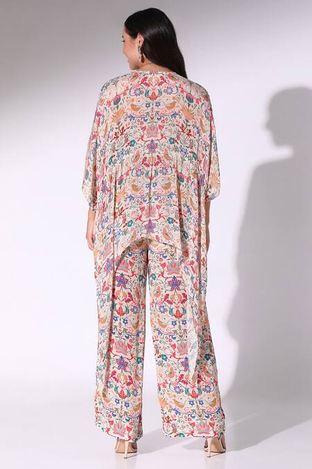 Shop SAKSHI GIRRI Multi Color Chiffon, Crepe Pearls Botanical Print Asymmetric Kaftan With Pant at Aza Fashions Shop_SAKSHI GIRRI_Multi Color Chiffon, Crepe Pearls Botanical Print Asymmetric Kaftan With Pant_at_Aza_Fashions