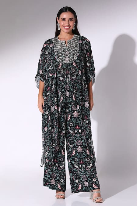 Sakshi Girri Black Chiffon Print Gardenia Notched V Asymmetric Kaftan With Pant 