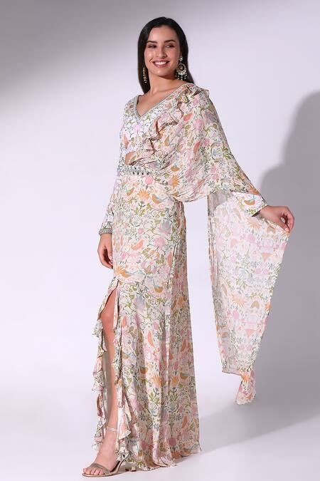 SAKSHI GIRRI Multi Color Chiffon, Cotton Satin, Forest Fantasy Print Pre-draped Saree Set Online at Aza Fashions SAKSHI GIRRI_Multi Color Chiffon, Cotton Satin, Forest Fantasy Print Pre-draped Saree Set_Online_at_Aza_Fashions