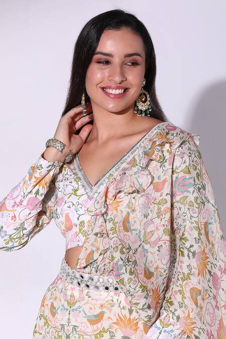 Buy SAKSHI GIRRI Multi Color Chiffon, Cotton Satin, Forest Fantasy Print Pre-draped Saree Set Online at Aza Fashions Buy_SAKSHI GIRRI_Multi Color Chiffon, Cotton Satin, Forest Fantasy Print Pre-draped Saree Set_Online_at_Aza_Fashions