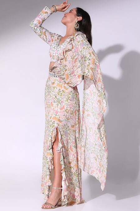 Shop SAKSHI GIRRI Multi Color Chiffon, Cotton Satin, Forest Fantasy Print Pre-draped Saree Set Online at Aza Fashions Shop_SAKSHI GIRRI_Multi Color Chiffon, Cotton Satin, Forest Fantasy Print Pre-draped Saree Set_Online_at_Aza_Fashions