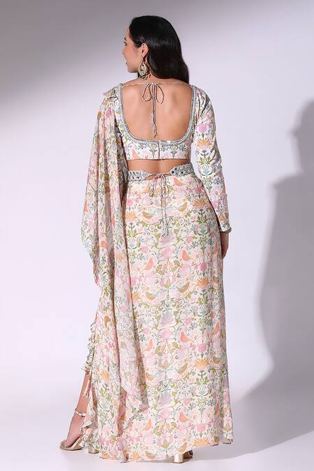 Shop SAKSHI GIRRI Multi Color Chiffon, Cotton Satin, Forest Fantasy Print Pre-draped Saree Set at Aza Fashions Shop_SAKSHI GIRRI_Multi Color Chiffon, Cotton Satin, Forest Fantasy Print Pre-draped Saree Set_at_Aza_Fashions