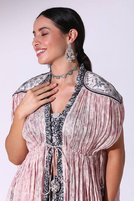 Shop SAKSHI GIRRI Pink Crepe Embroidery Mandarin Collar Petunia Bloom Print Kaftan Cape Pant Set Online at Aza Fashions Shop_SAKSHI GIRRI_Pink Crepe Embroidery Mandarin Collar Petunia Bloom Print Kaftan Cape Pant Set_Online_at_Aza_Fashions