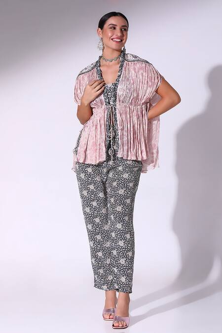 SAKSHI GIRRI Pink Crepe Embroidery Mandarin Collar Petunia Bloom Print Kaftan Cape Pant Set at Aza Fashions SAKSHI GIRRI_Pink Crepe Embroidery Mandarin Collar Petunia Bloom Print Kaftan Cape Pant Set_at_Aza_Fashions