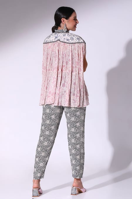 Shop SAKSHI GIRRI Pink Crepe Embroidery Mandarin Collar Petunia Bloom Print Kaftan Cape Pant Set at Aza Fashions Shop_SAKSHI GIRRI_Pink Crepe Embroidery Mandarin Collar Petunia Bloom Print Kaftan Cape Pant Set_at_Aza_Fashions