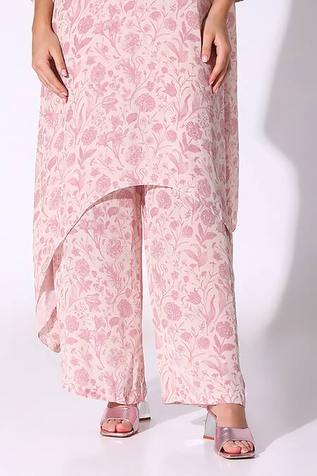 SAKSHI GIRRI_Pink Crepe Round Neck Lily Bloom Print Kurta Palazzo Set_Online_at_Aza_Fashions