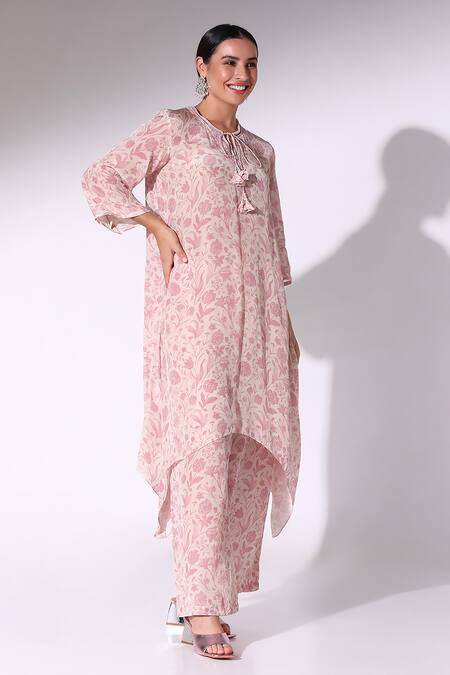 Shop_SAKSHI GIRRI_Pink Crepe Round Neck Lily Bloom Print Kurta Palazzo Set_Online_at_Aza_Fashions