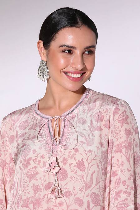 SAKSHI GIRRI_Pink Crepe Round Neck Lily Bloom Print Kurta Palazzo Set_at_Aza_Fashions