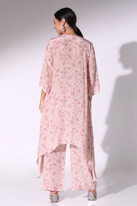 Shop_SAKSHI GIRRI_Pink Crepe Round Neck Lily Bloom Print Kurta Palazzo Set_at_Aza_Fashions