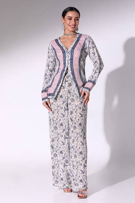 SAKSHI GIRRI_Blue Cotton, Crepe V-neck Midnight Bloom Front Slit Tunic With Flared Pant_Online_at_Aza_Fashions