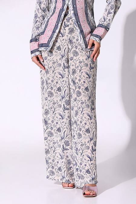 Buy_SAKSHI GIRRI_Blue Cotton, Crepe V-neck Midnight Bloom Front Slit Tunic With Flared Pant_Online_at_Aza_Fashions