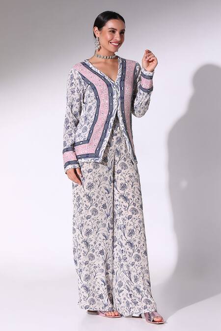 Shop_SAKSHI GIRRI_Blue Cotton, Crepe V-neck Midnight Bloom Front Slit Tunic With Flared Pant_Online_at_Aza_Fashions