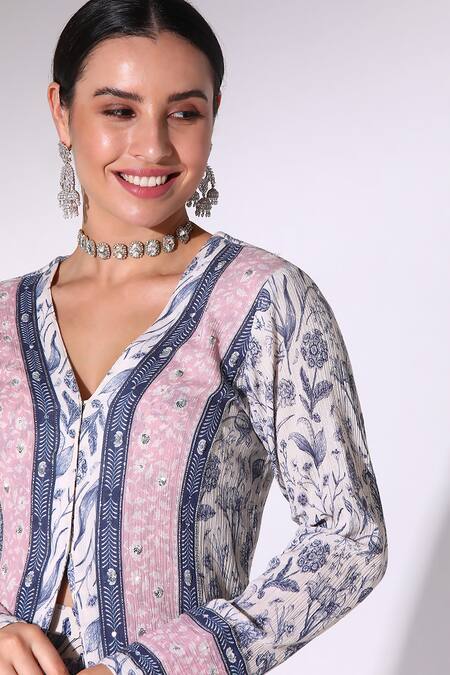 SAKSHI GIRRI_Blue Cotton, Crepe V-neck Midnight Bloom Front Slit Tunic With Flared Pant_at_Aza_Fashions