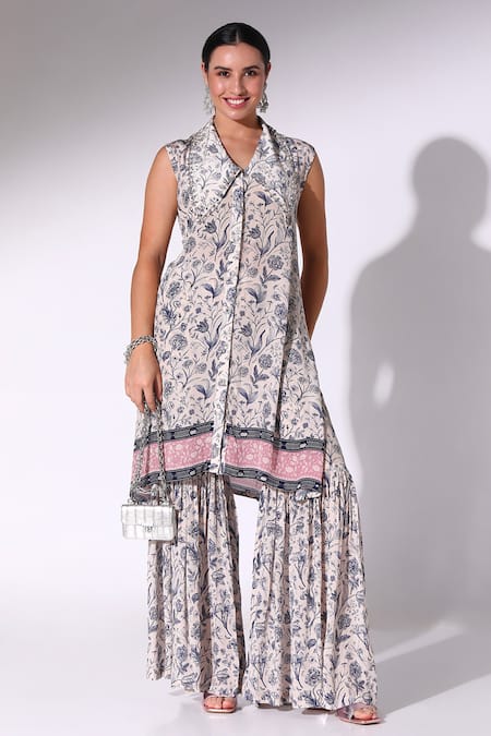 Sakshi Girri Flowery Print Collared Kurta With Sharara 