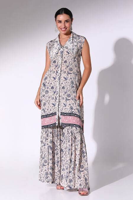 SAKSHI GIRRI Blue Crepe Embroidery Collared Flowery Print Kurta With Sharara Online at Aza Fashions SAKSHI GIRRI_Blue Crepe Embroidery Collared Flowery Print Kurta With Sharara_Online_at_Aza_Fashions