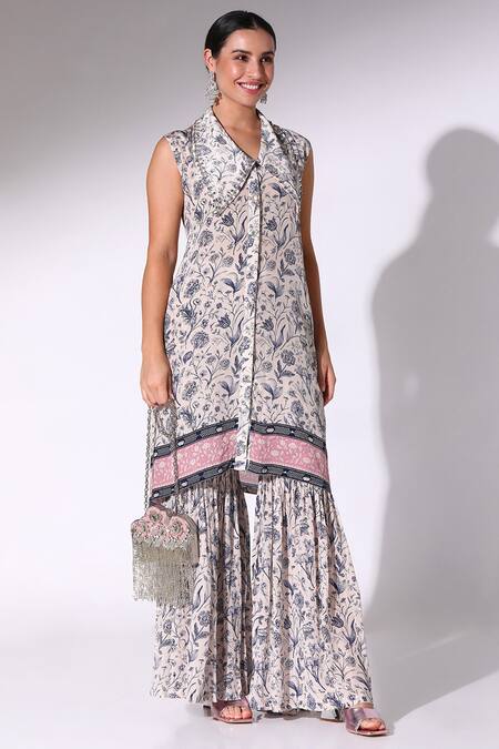 Shop SAKSHI GIRRI Blue Crepe Embroidery Collared Flowery Print Kurta With Sharara Online at Aza Fashions Shop_SAKSHI GIRRI_Blue Crepe Embroidery Collared Flowery Print Kurta With Sharara_Online_at_Aza_Fashions