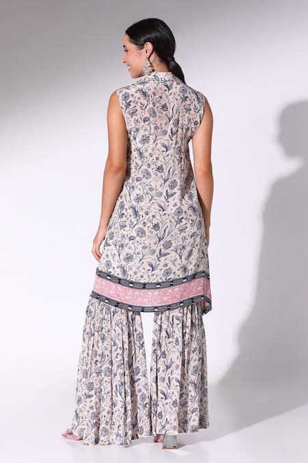 Shop SAKSHI GIRRI Blue Crepe Embroidery Collared Flowery Print Kurta With Sharara at Aza Fashions Shop_SAKSHI GIRRI_Blue Crepe Embroidery Collared Flowery Print Kurta With Sharara_at_Aza_Fashions