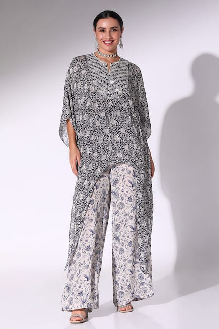 Sakshi Girri Blue Chiffon Print Floral Notched V Bloom Asymmetric Kaftan With Pant 