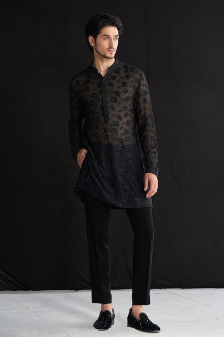 Sawan Gandhi Black Georgette Embroidered Thread And Cut Dana Rose Kurta & Pant Set 