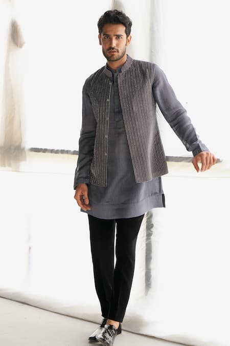 Sawan Gandhi Grey Velvet Embroidered Cord And Cut Dana Work Bundi Kurta Set 