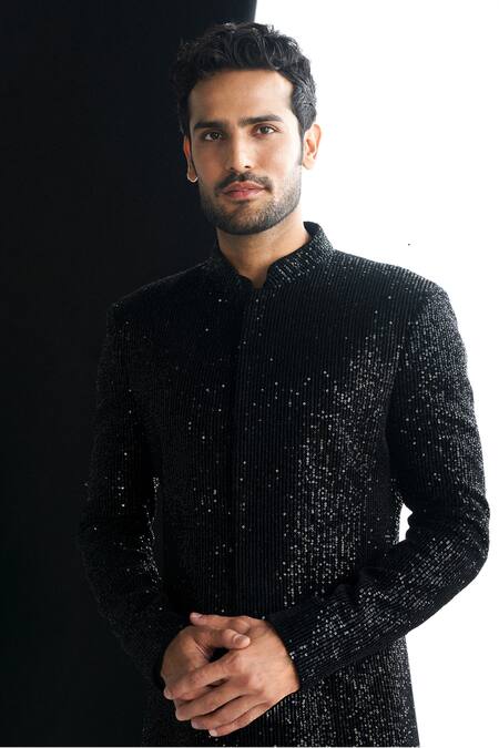 Sawan Gandhi_Black Velvet Embellished Sequins Sherwani With Pant_Online_at_Aza_Fashions