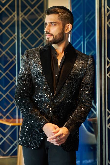 Sawan Gandhi_Black Velvet Embellished Rhinestone Jacket With Pant_Online_at_Aza_Fashions