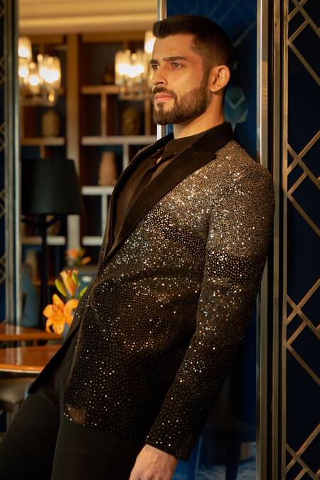 Buy_Sawan Gandhi_Black Velvet Embellished Rhinestone Jacket With Pant_Online_at_Aza_Fashions