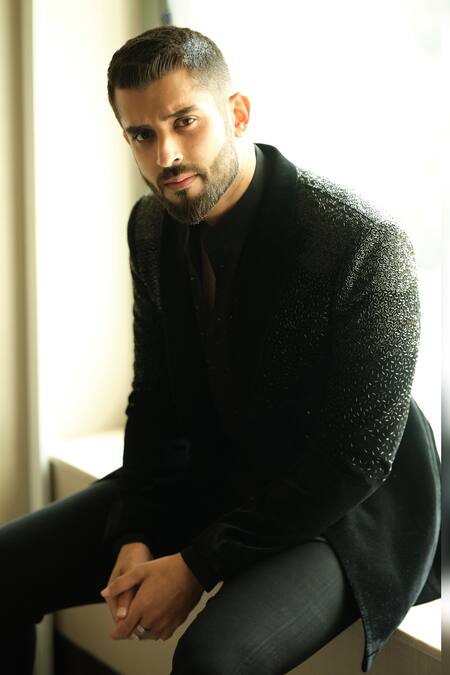 Buy_Sawan Gandhi_Black Velvet Embellished Crystal Jacket With Pant_Online_at_Aza_Fashions