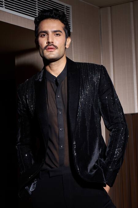 Buy_Sawan Gandhi_Black Velvet Embellished Crystal Sequin Stripe Jacket With Pant_Online_at_Aza_Fashions