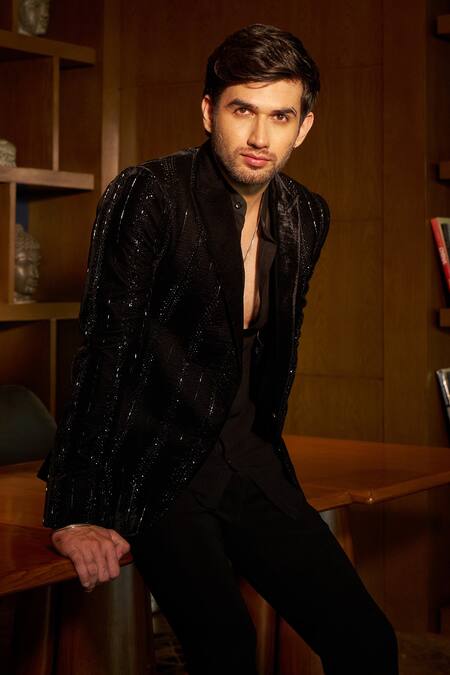 Shop_Sawan Gandhi_Black Velvet Embellished Swaroski Jacket With Pant_at_Aza_Fashions