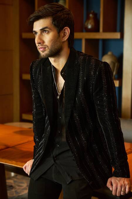 Sawan Gandhi_Black Velvet Embellished Swaroski Jacket With Pant_Online_at_Aza_Fashions