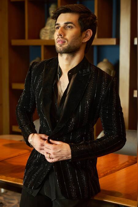 Buy_Sawan Gandhi_Black Velvet Embellished Swaroski Jacket With Pant_Online_at_Aza_Fashions