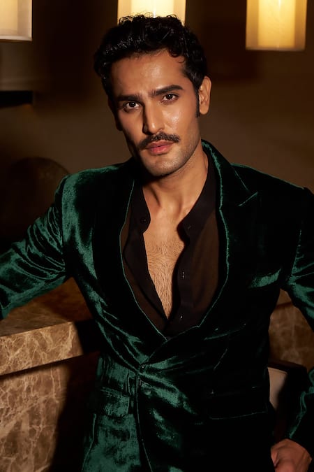 Sawan Gandhi_Green Velvet Solid Jacket With Pant_Online_at_Aza_Fashions
