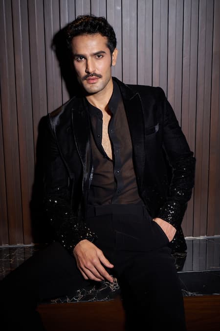 Sawan Gandhi_Black Velvet Embellished Crystal Embroidered Jacket With Pant_Online_at_Aza_Fashions