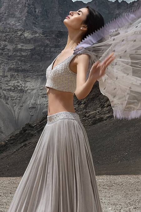 Sawan Gandhi_Grey Georgette Embroidery Sequins Deep V Paani Mirror Bridal Lehenga Set_Online_at_Aza_Fashions