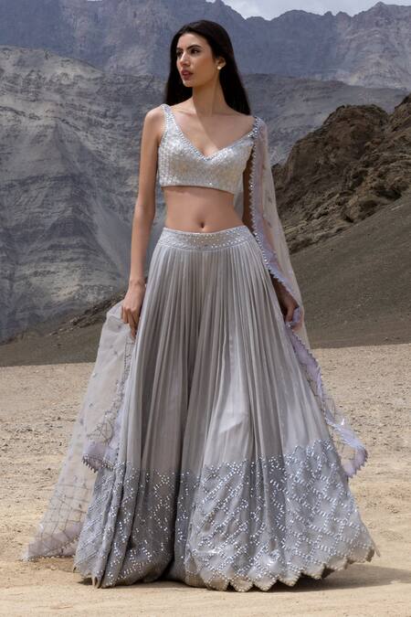 Buy_Sawan Gandhi_Grey Georgette Embroidery Sequins Deep V Paani Mirror Bridal Lehenga Set_Online_at_Aza_Fashions