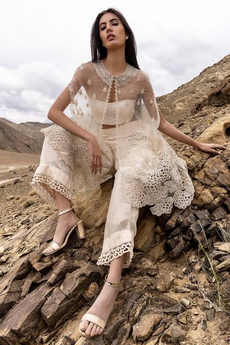 Sawan Gandhi_Ivory Net, Georgette Pearls, Sequins Sweetheart Bloom Embellished Cape Pant Set_Online_at_Aza_Fashions