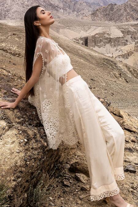 Buy_Sawan Gandhi_Ivory Net, Georgette Pearls, Sequins Sweetheart Bloom Embellished Cape Pant Set_Online_at_Aza_Fashions