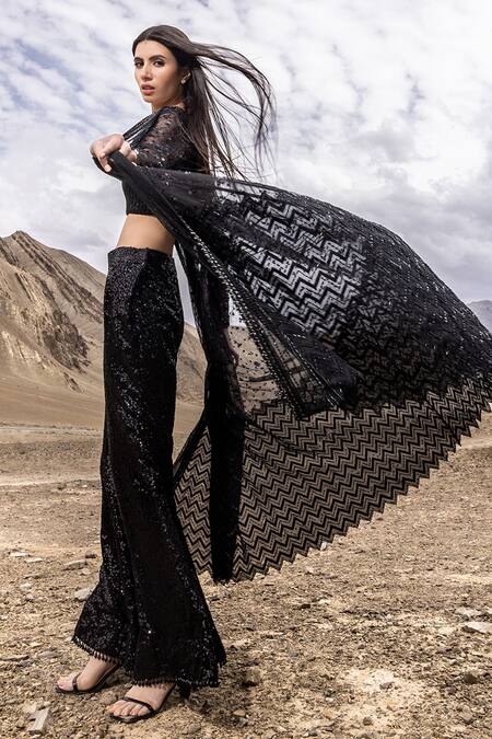 Sawan Gandhi_Black Georgette, Net Sequins, Cut Work Cutdana And Embroidered Cape Pant Set_Online_at_Aza_Fashions
