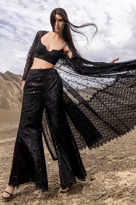 Buy_Sawan Gandhi_Black Georgette, Net Sequins, Cut Work Cutdana And Embroidered Cape Pant Set_Online_at_Aza_Fashions