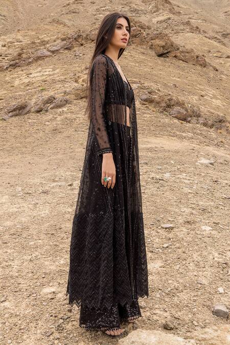 Shop_Sawan Gandhi_Black Georgette, Net Sequins, Cut Work Cutdana And Embroidered Cape Pant Set_Online_at_Aza_Fashions