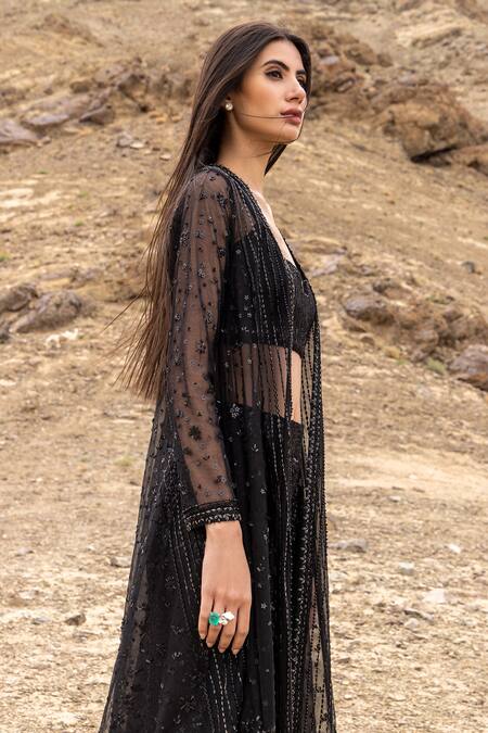 Sawan Gandhi_Black Georgette, Net Sequins, Cut Work Cutdana And Embroidered Cape Pant Set_at_Aza_Fashions