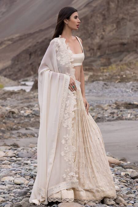 Buy_Sawan Gandhi_Beige Georgette Sequins, Mirrors Square Neck And Embroidered Lehenga Set_Online_at_Aza_Fashions