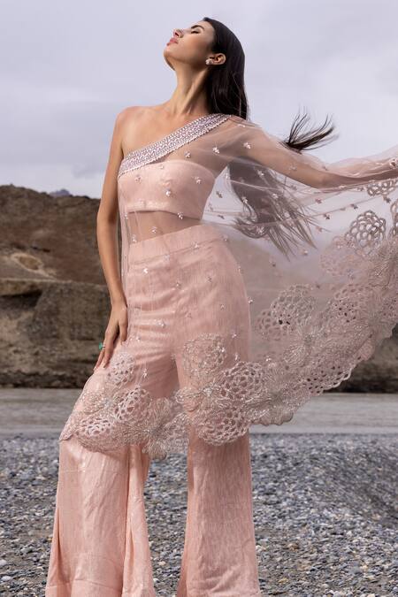 Sawan Gandhi Pink Georgette Sequins One Shoulder Embroidered Cape Pant Set Online at Aza Fashions Sawan Gandhi_Pink Georgette Sequins One Shoulder Embroidered Cape Pant Set_Online_at_Aza_Fashions