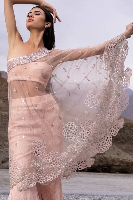 Buy Sawan Gandhi Pink Georgette Sequins One Shoulder Embroidered Cape Pant Set Online at Aza Fashions Buy_Sawan Gandhi_Pink Georgette Sequins One Shoulder Embroidered Cape Pant Set_Online_at_Aza_Fashions