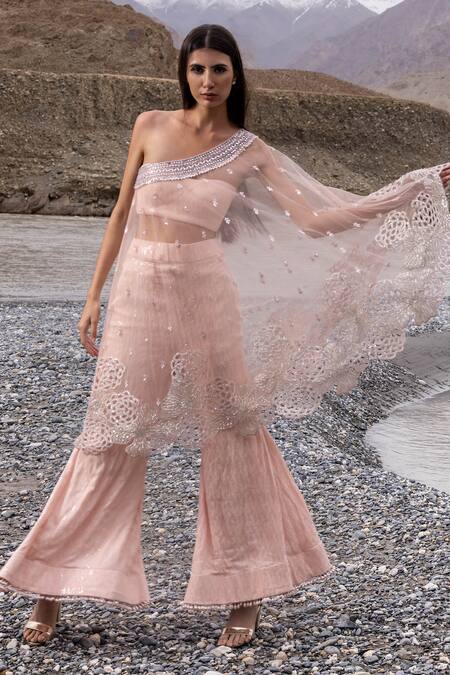 Shop Sawan Gandhi Pink Georgette Sequins One Shoulder Embroidered Cape Pant Set at Aza Fashions Shop_Sawan Gandhi_Pink Georgette Sequins One Shoulder Embroidered Cape Pant Set_at_Aza_Fashions
