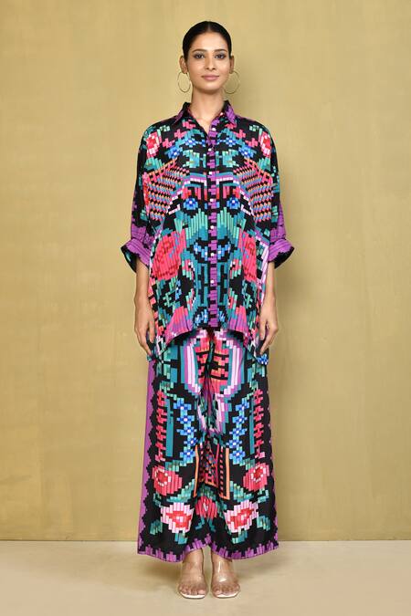 Shop_Samyukta Singhania_Multi Color Crepe Collared Abstract Print Shirt And Pant Set_Online_at_Aza_Fashions