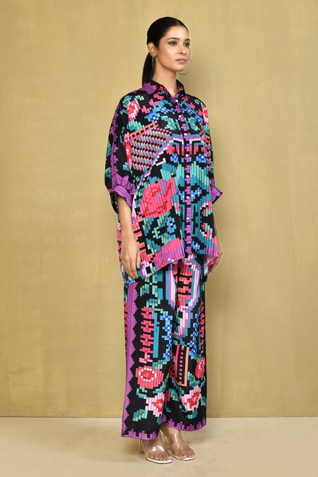 Samyukta Singhania_Multi Color Crepe Collared Abstract Print Shirt And Pant Set_at_Aza_Fashions
