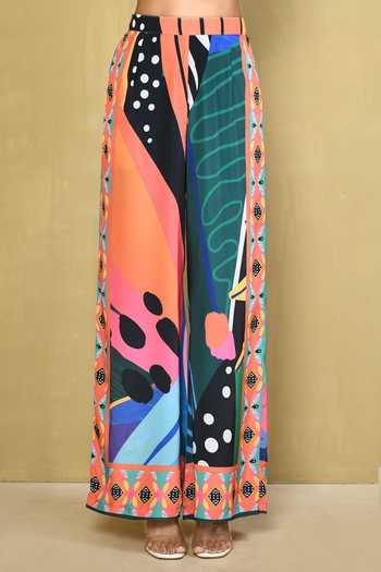 Samyukta Singhania_Multi Color Crepe Collared Abstract Print Asymmetric Shirt And Pant Set _Online_at_Aza_Fashions