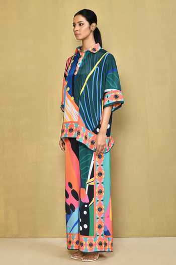 Shop_Samyukta Singhania_Multi Color Crepe Collared Abstract Print Asymmetric Shirt And Pant Set _Online_at_Aza_Fashions